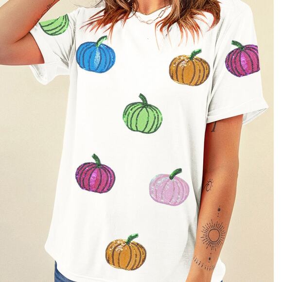 NWT White Sequin Pumpkin T Shirt - Picture 5 of 8